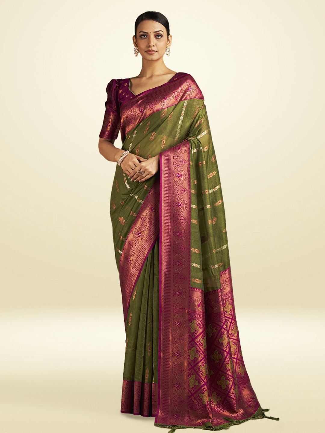 

SARHA Woven Design Striped Pure Cotton Saree, Green