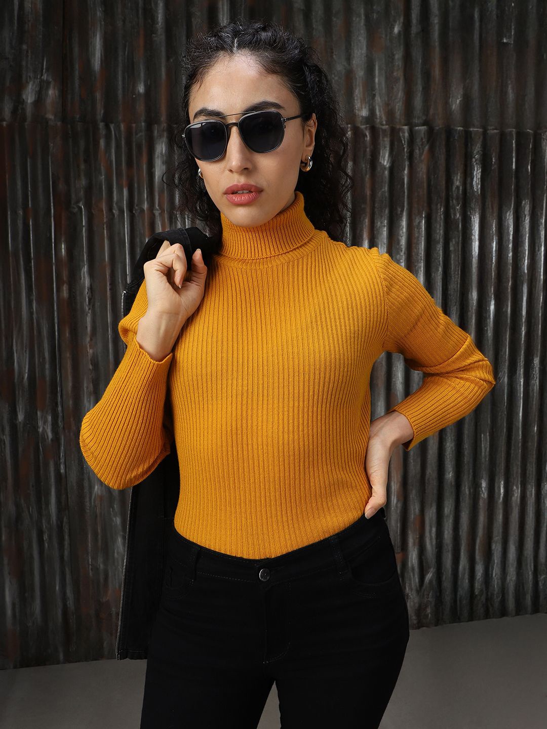 

High Star Women Ribbed High Neck Pullover, Yellow