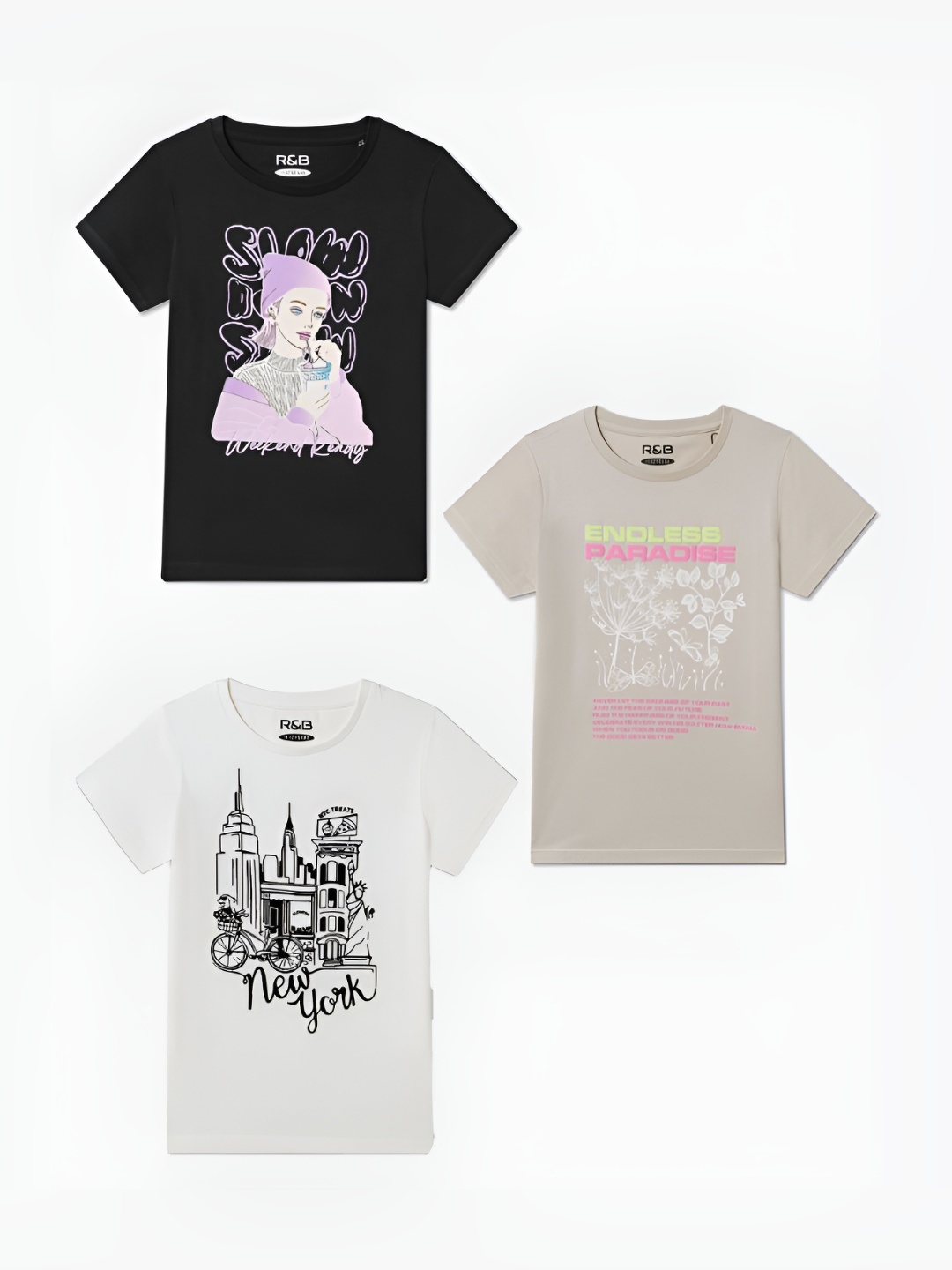 

R&B Girls Pack Of 3 Graphic Printed Round Neck Cotton T-shirts, Black