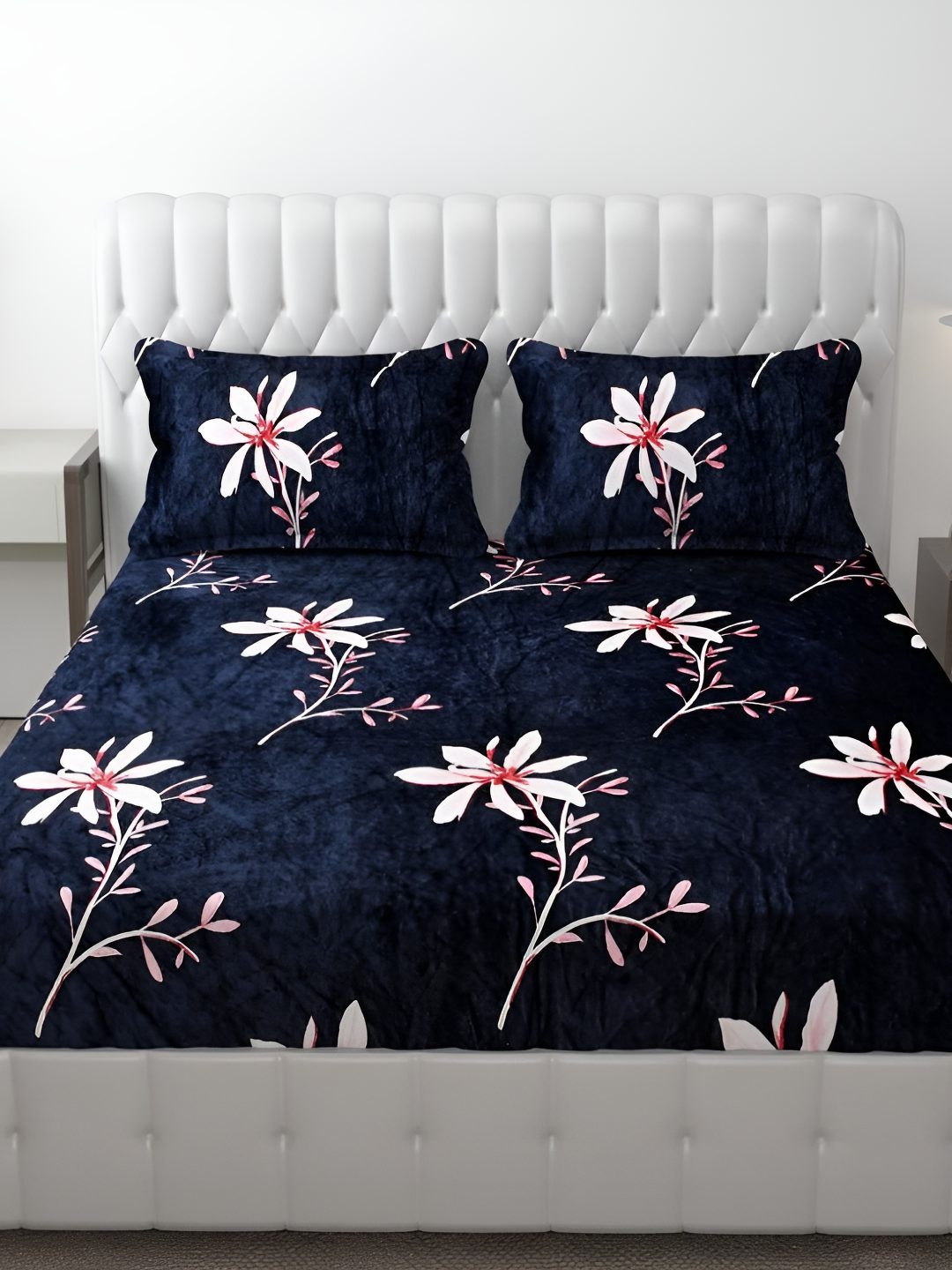 

B' Decorlish Navy Blue & White Floral Printed Fitted Bed Covers