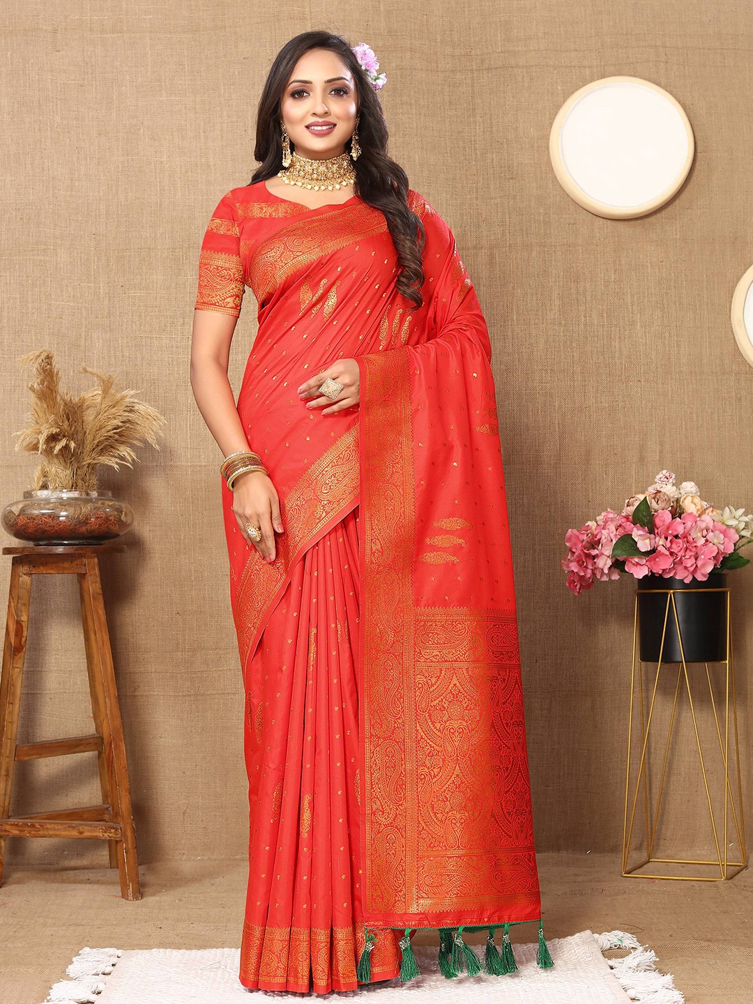 

Zeekha Woven Design Zari Pure Silk Kanjeevaram Saree, Red