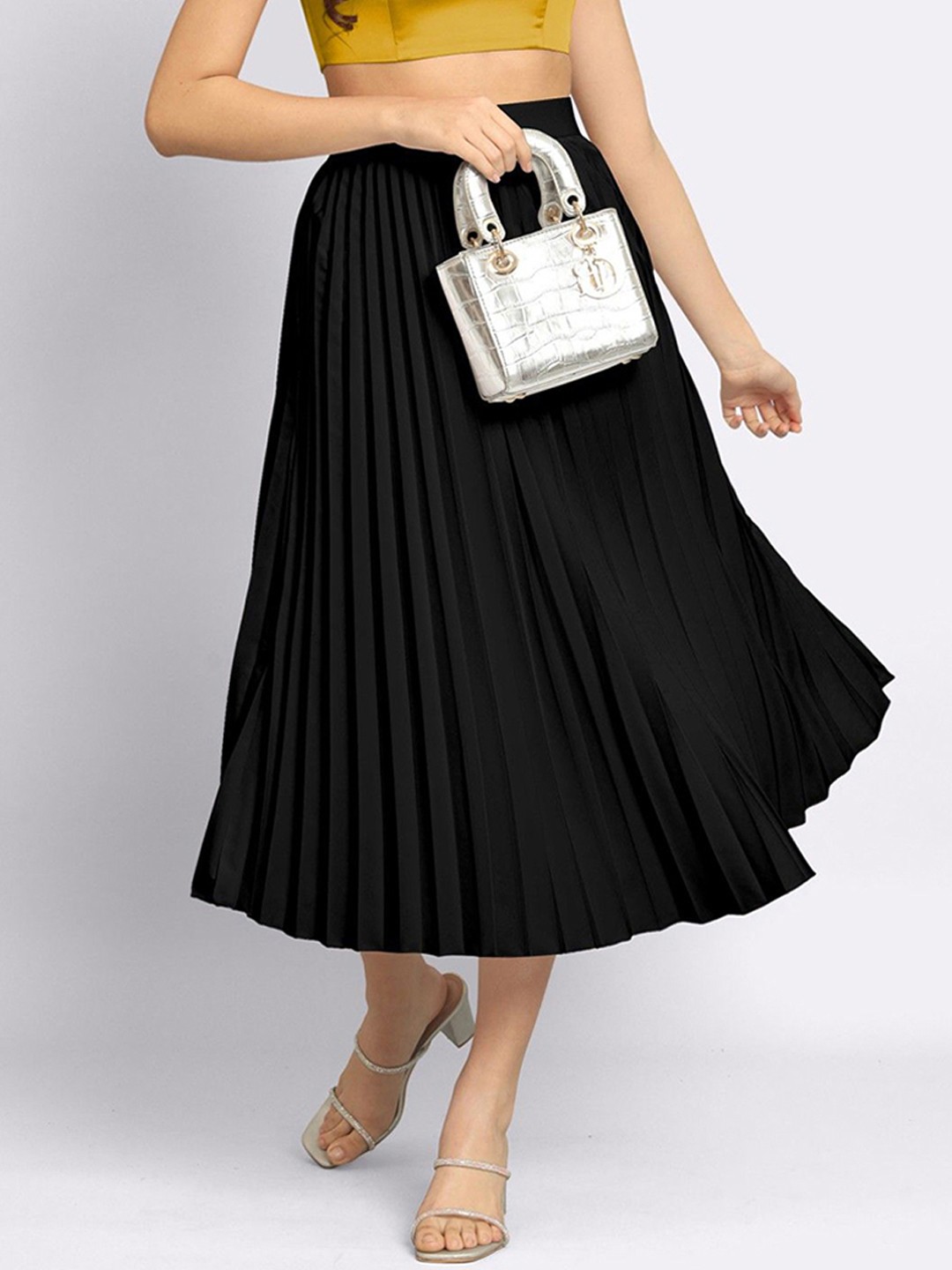 

Vastani Enterprise Women Flared Pleated Midi Skirt, Black