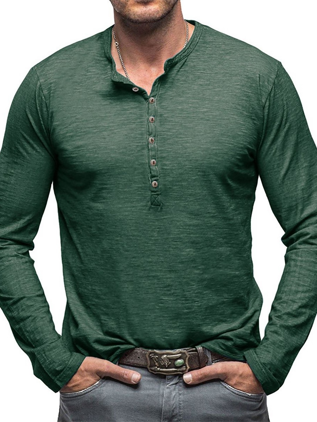 

StyleCast x Revolte Men Solid Henley Neck T-shirt, Green