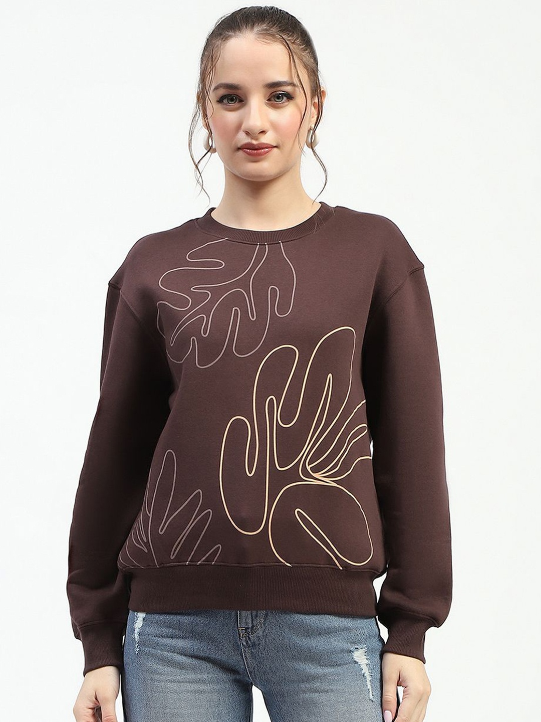 

Madame Women Graphic Printed Round Neck Cotton Pullover Sweatshirt, Brown