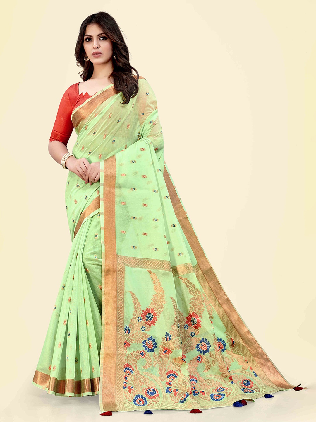 

SARHA Floral Zari Pure Cotton Saree, Green