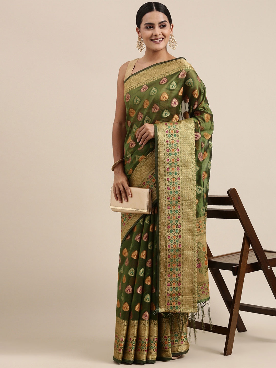 

MAHALASA Ethnic Motifs Zari Organza Kanjeevaram Saree, Green