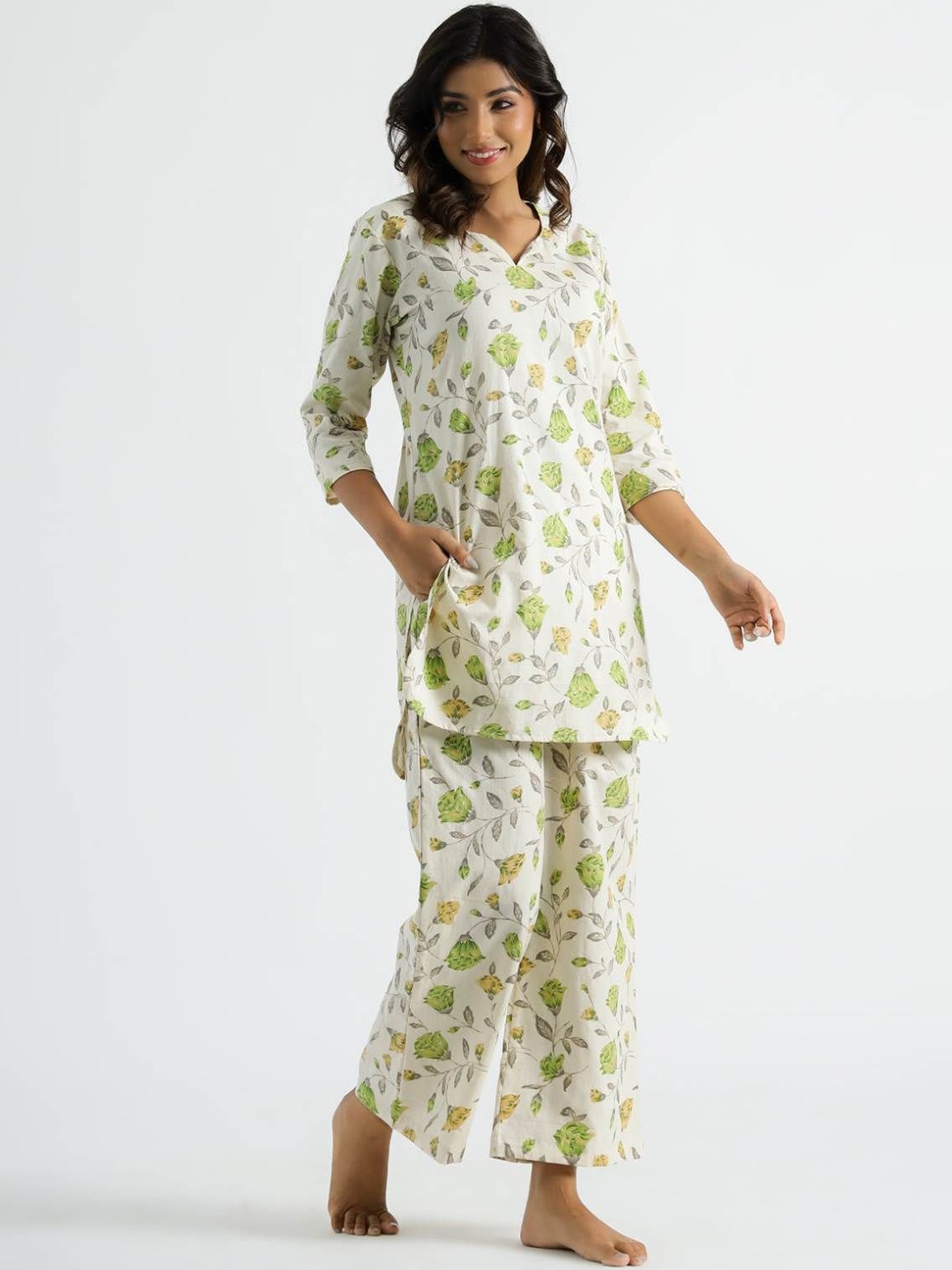 

FLAVIA CREATION Floral Printed Pure Cotton Tunic & Trousers, White