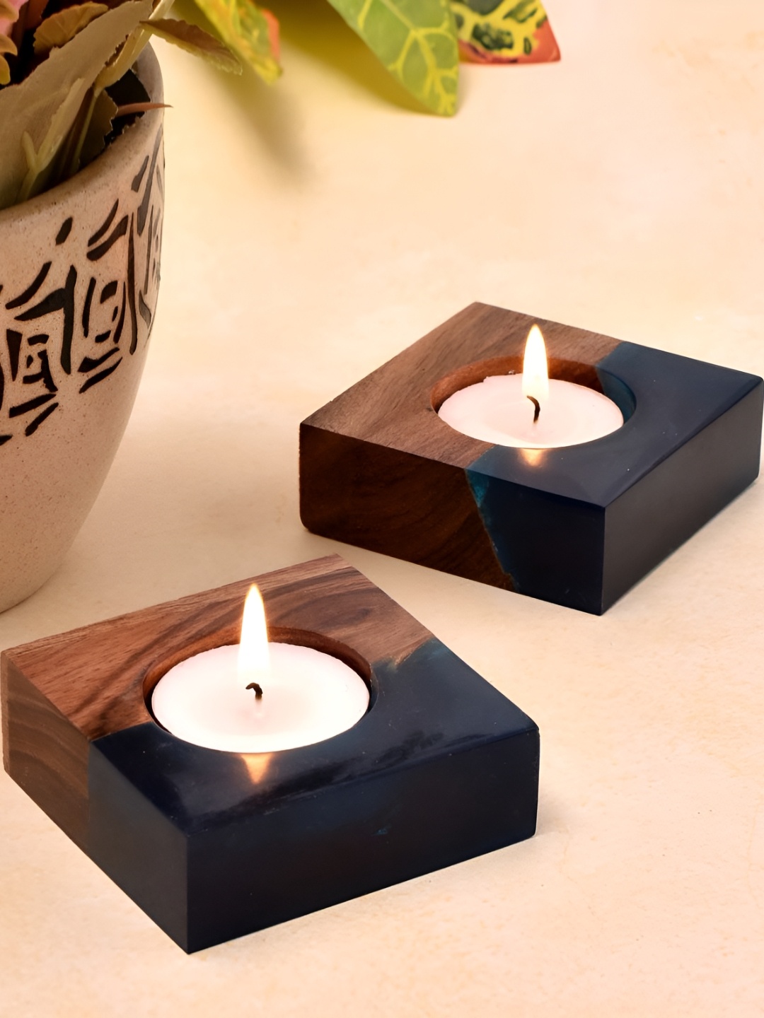 

Indianshelf Blue & Brown 2 Pieces Colorblocked Wooden Candle Holders