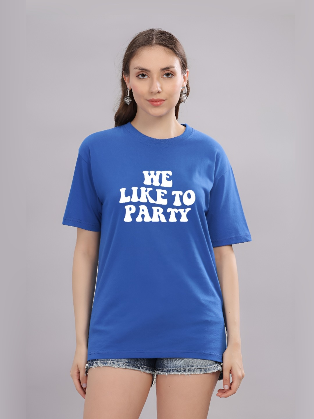 

FALTU.CO Women Typography Printed Round Neck Pure Cotton Oversized T-shirt, Turquoise blue