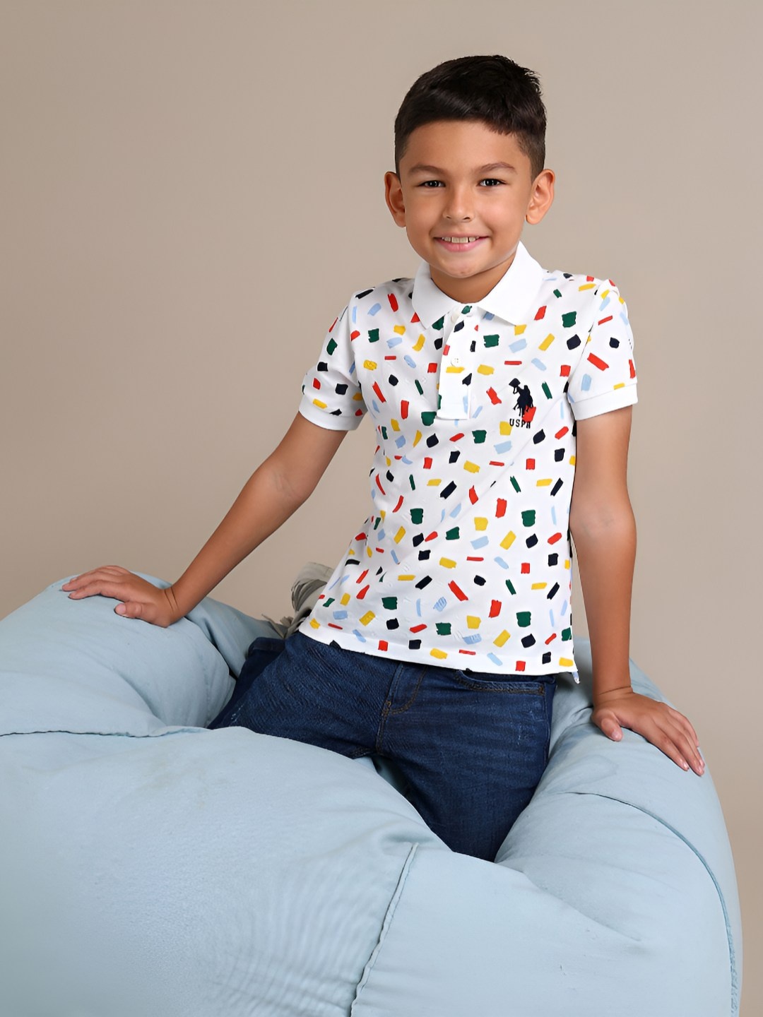 

U.S. Polo Assn. Kids Boys Abstract Printed Polo Collar Cotton T-shirt, White