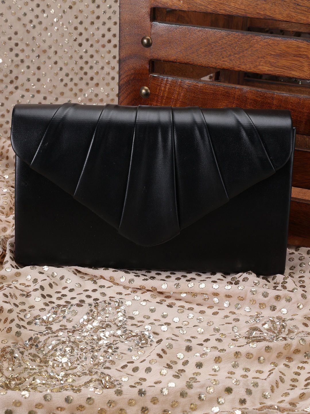 

SAZARA Textured Shoulder Strap Foldover Clutch, Black