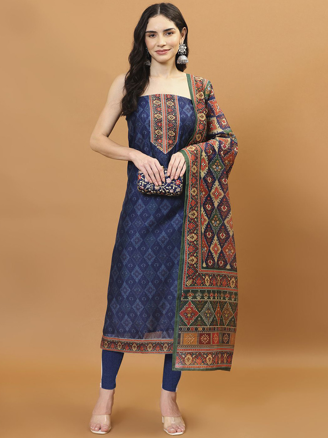 

Meena Bazaar Printed Art Silk Unstitched Dress Material, Navy blue