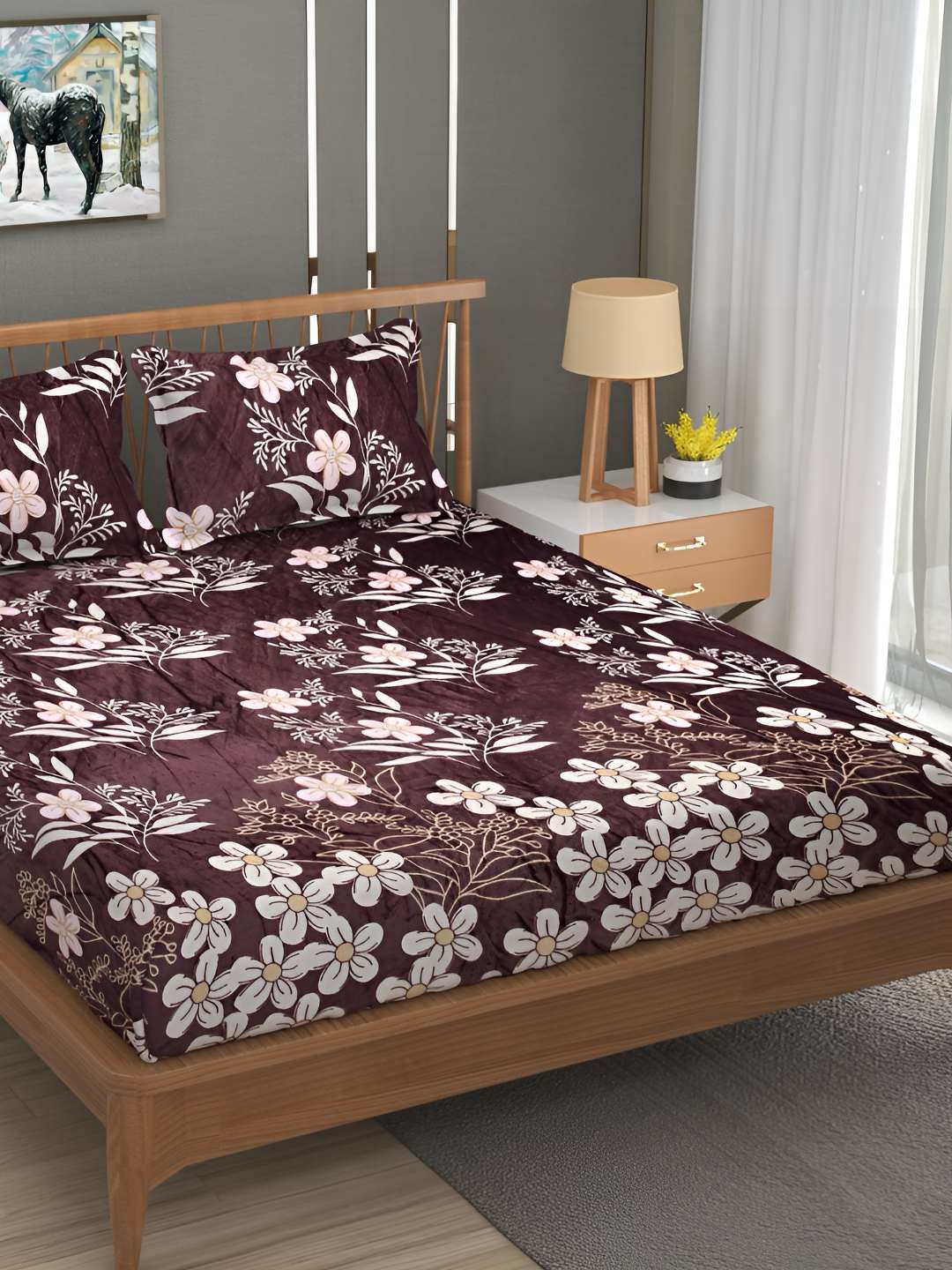 

B' Decorlish Brown & White Printed Fitted Double Bed Cover with 2 Pillow Covers