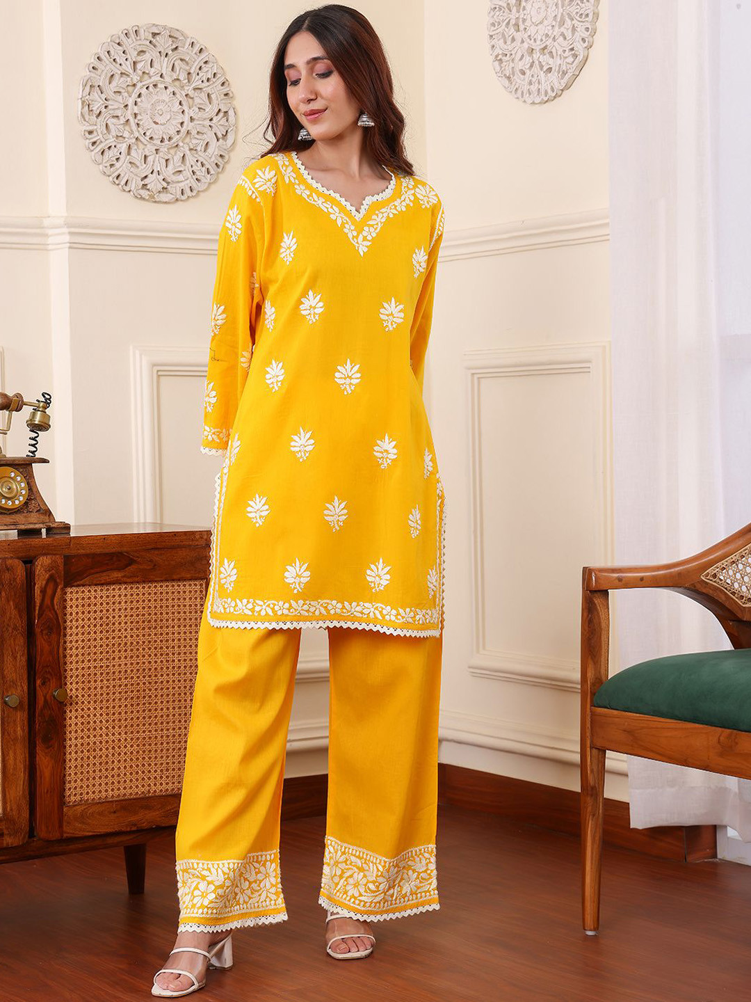 

Chowkhat Ethnic Motifs Embroidered Straight Chikankari Pure Cotton Kurta with Palazzos, Yellow