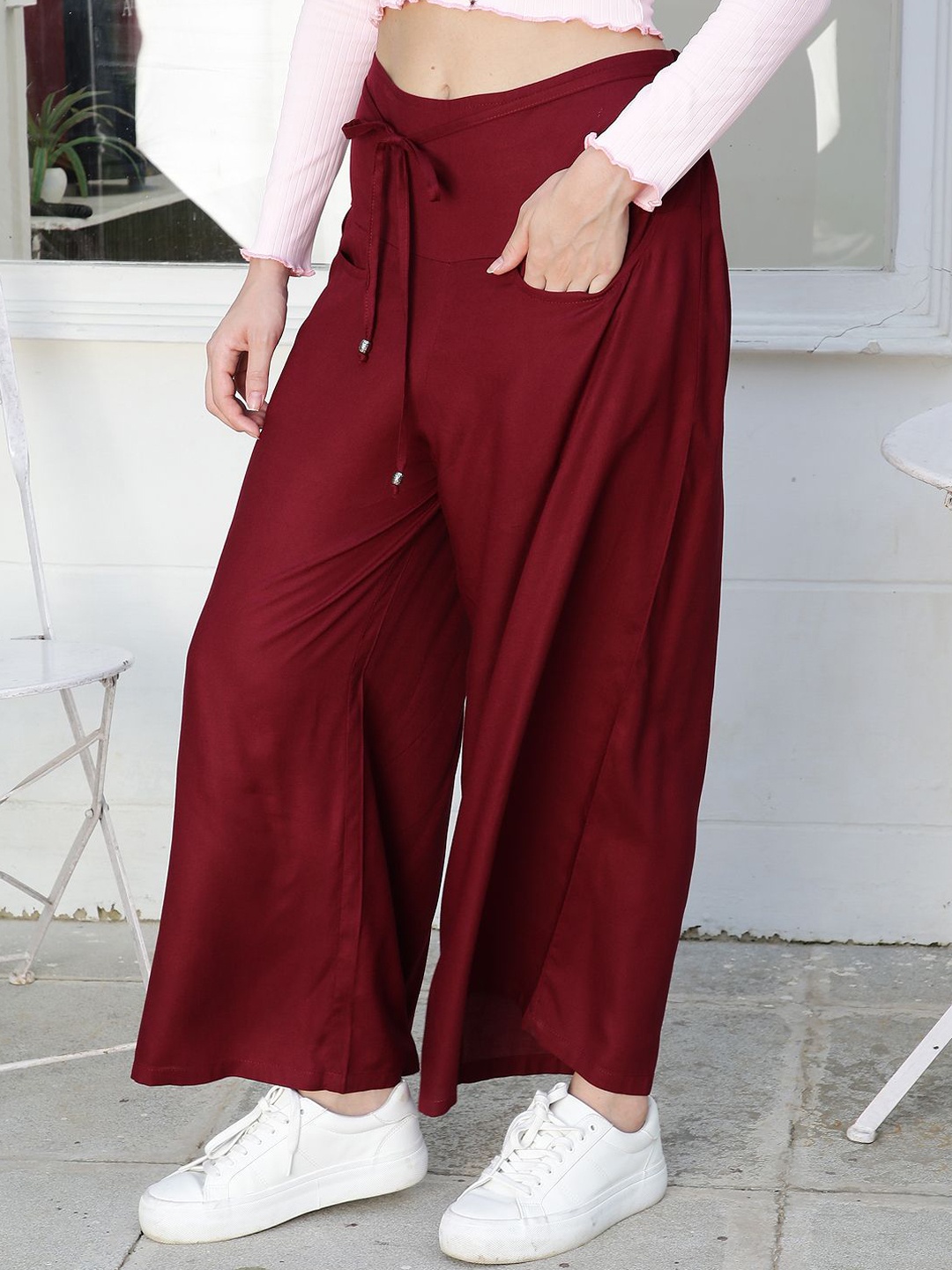 

StyleCast X SERA Women Relaxed Flared Easy Wash Pleated Trousers, Burgundy