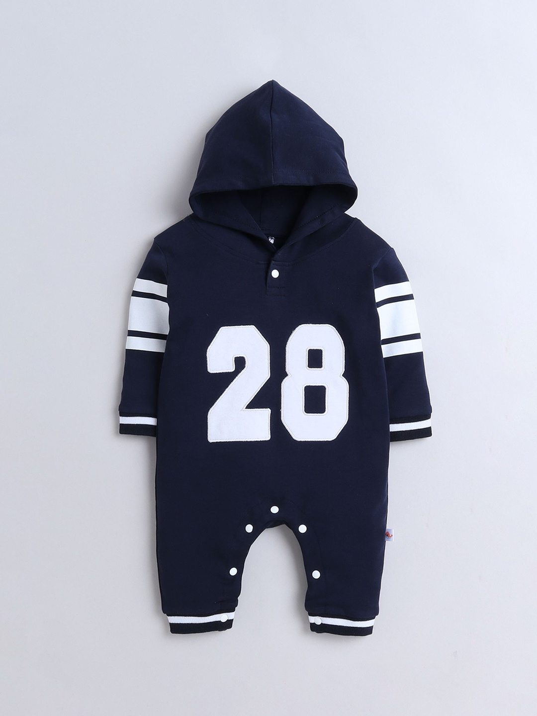 

BUMZEE Infant Boys Varsity Printed Cotton Hooded Romper, Navy blue