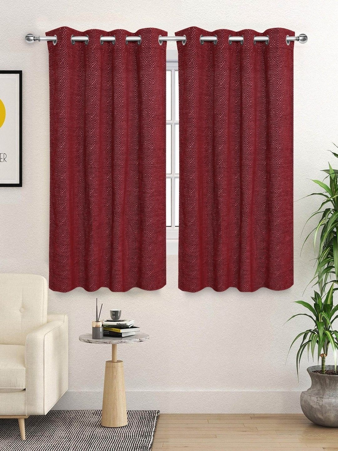 

Saral Home Maroon 2 Pieces Geometric Woven Design Black Out Window Curtains