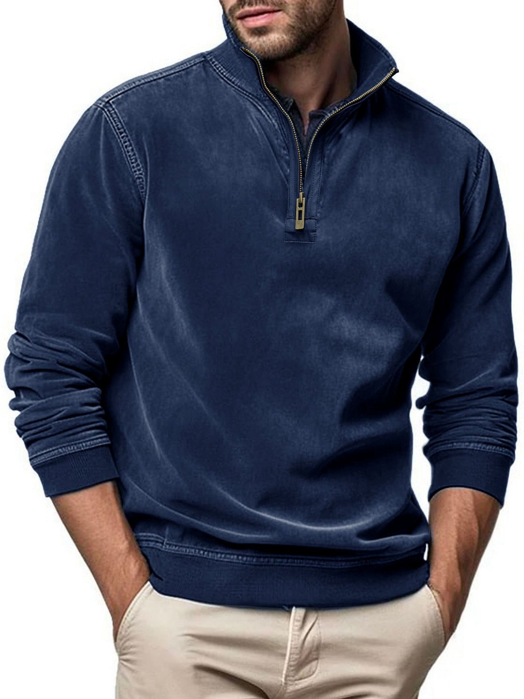 

StyleCast x Revolte Men Solid Half Zipper High Neck Sweatshirt, Navy blue