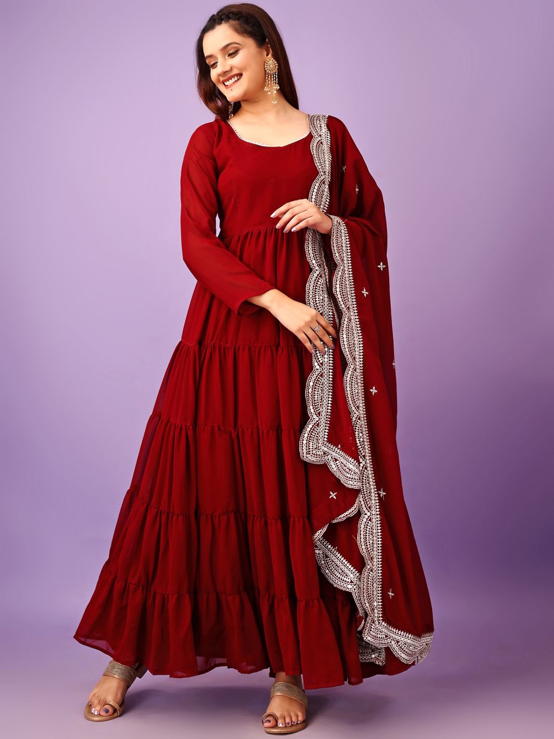 

KALINI Round Neck Tiered Gotta Patti Anarkali Kurta With Pyjamas & Dupatta, Maroon