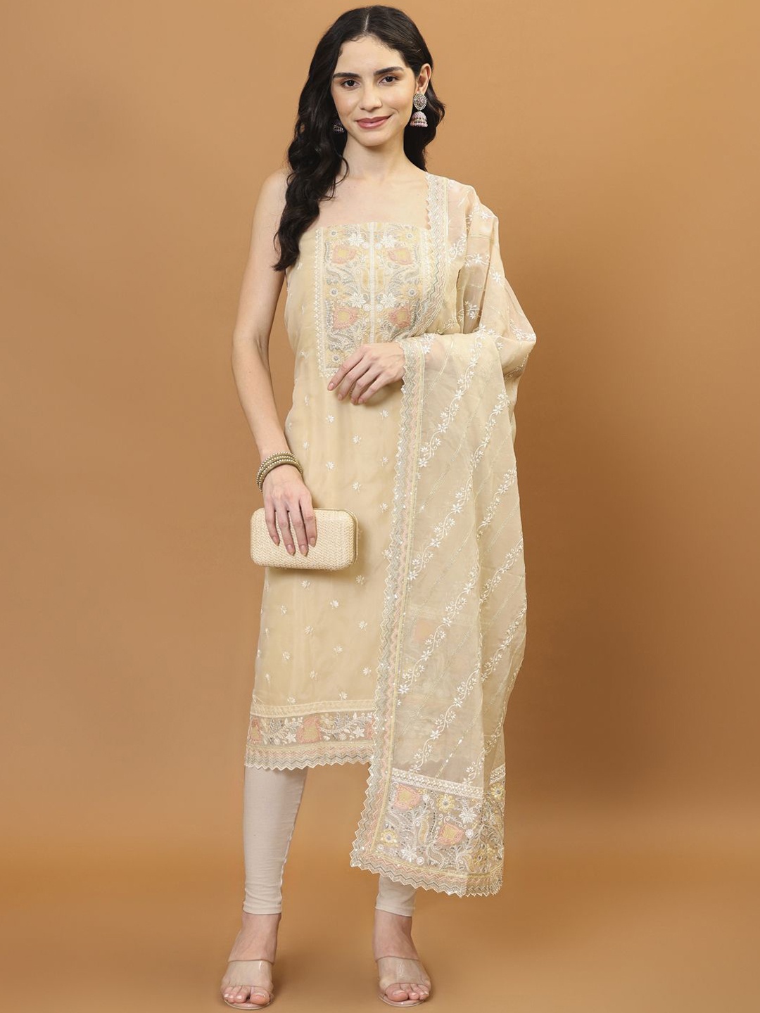 

Meena Bazaar Embroidered Organza Unstitched Dress Material, Beige