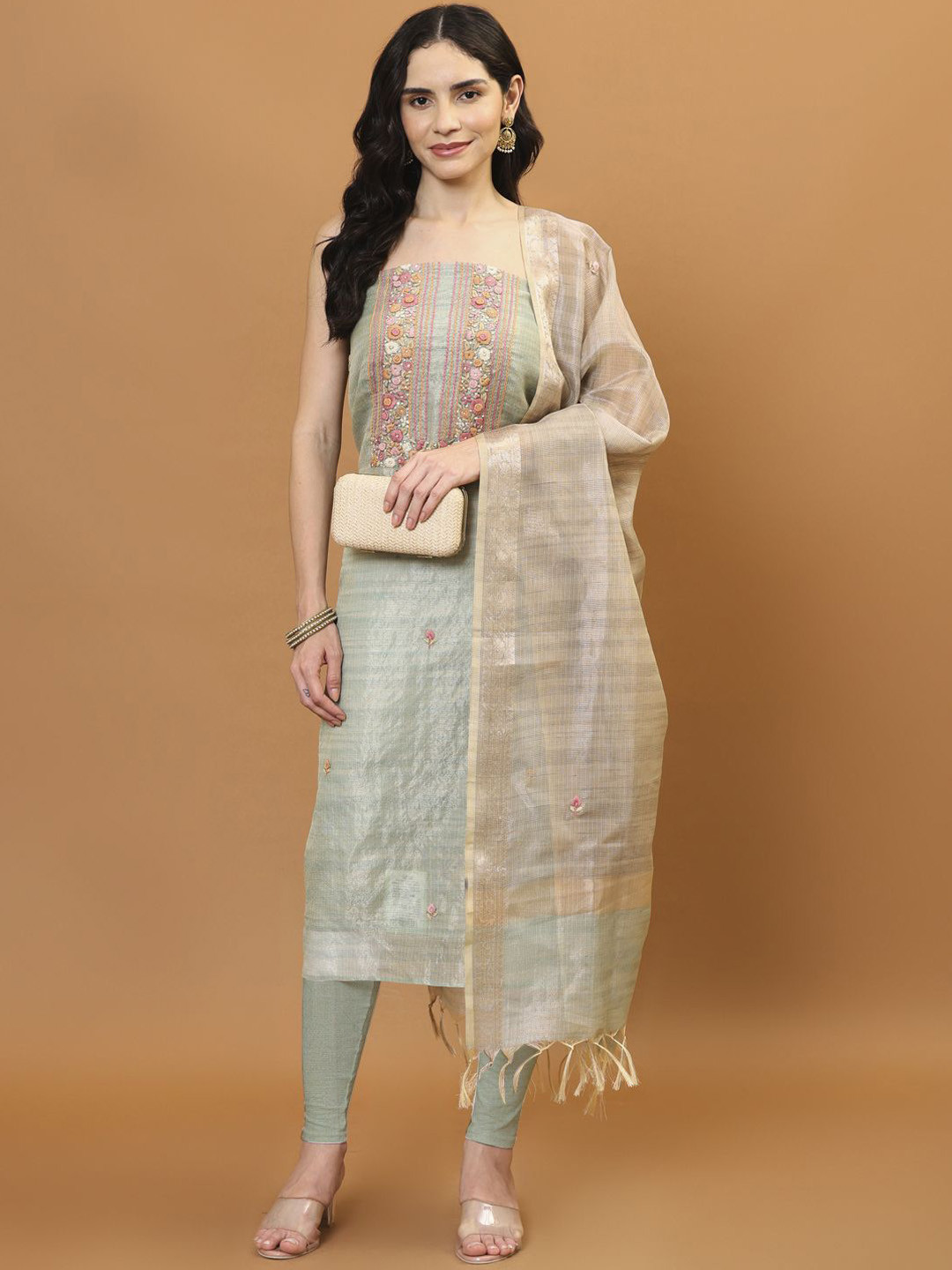 

Meena Bazaar Embroidered Art Silk Unstitched Dress Material, Sea green