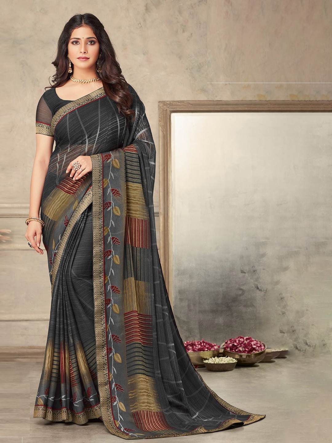 

Reboot Fashions Floral Zari Pure Chiffon Saree, Grey