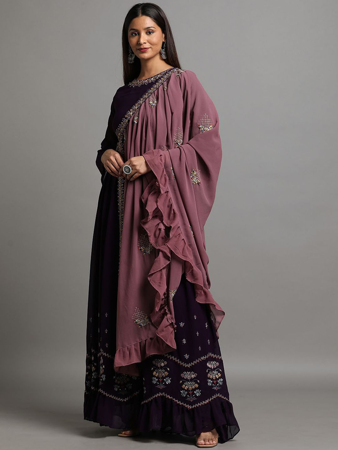 

Miss Ethnik Embroidered Maxi Ethnic Dress With Dupatta, Purple