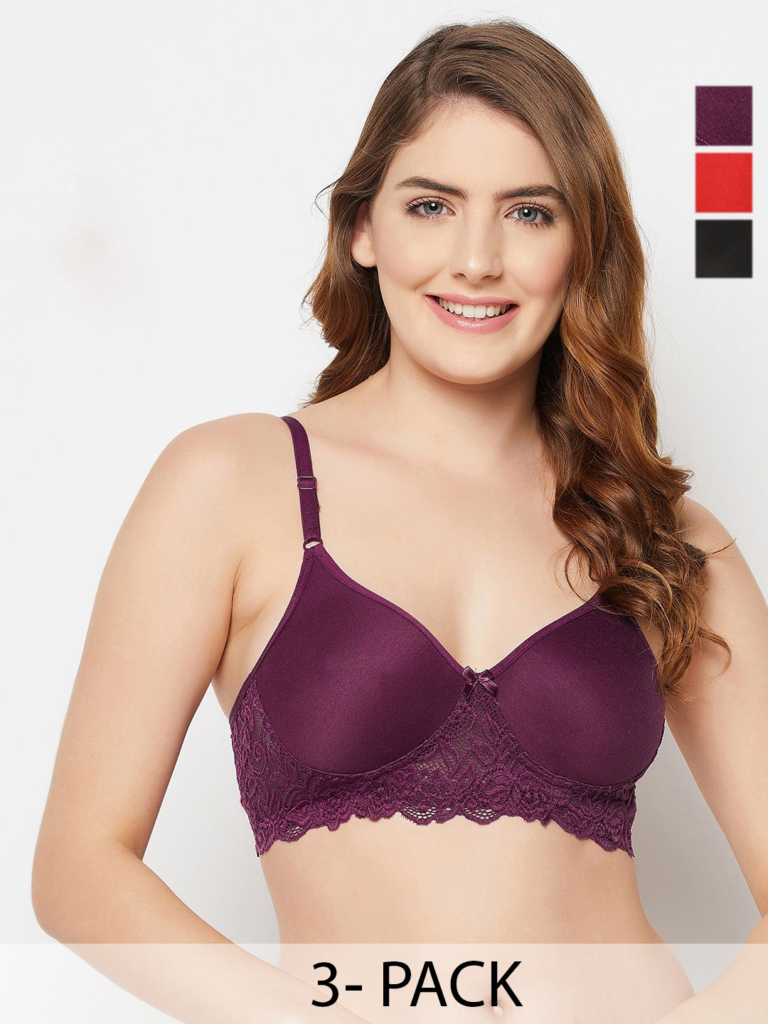 

Clovia Women Pack Of 3 Solid Non Padded Full Coverage Bra, Purple