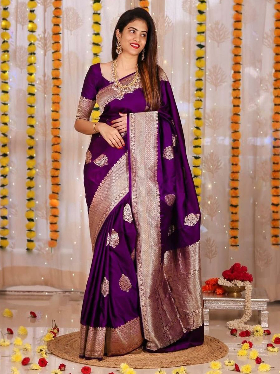 

Wuxi Ethnic Motifs Woven Design Zari Pure Silk Banarasi Saree, Purple