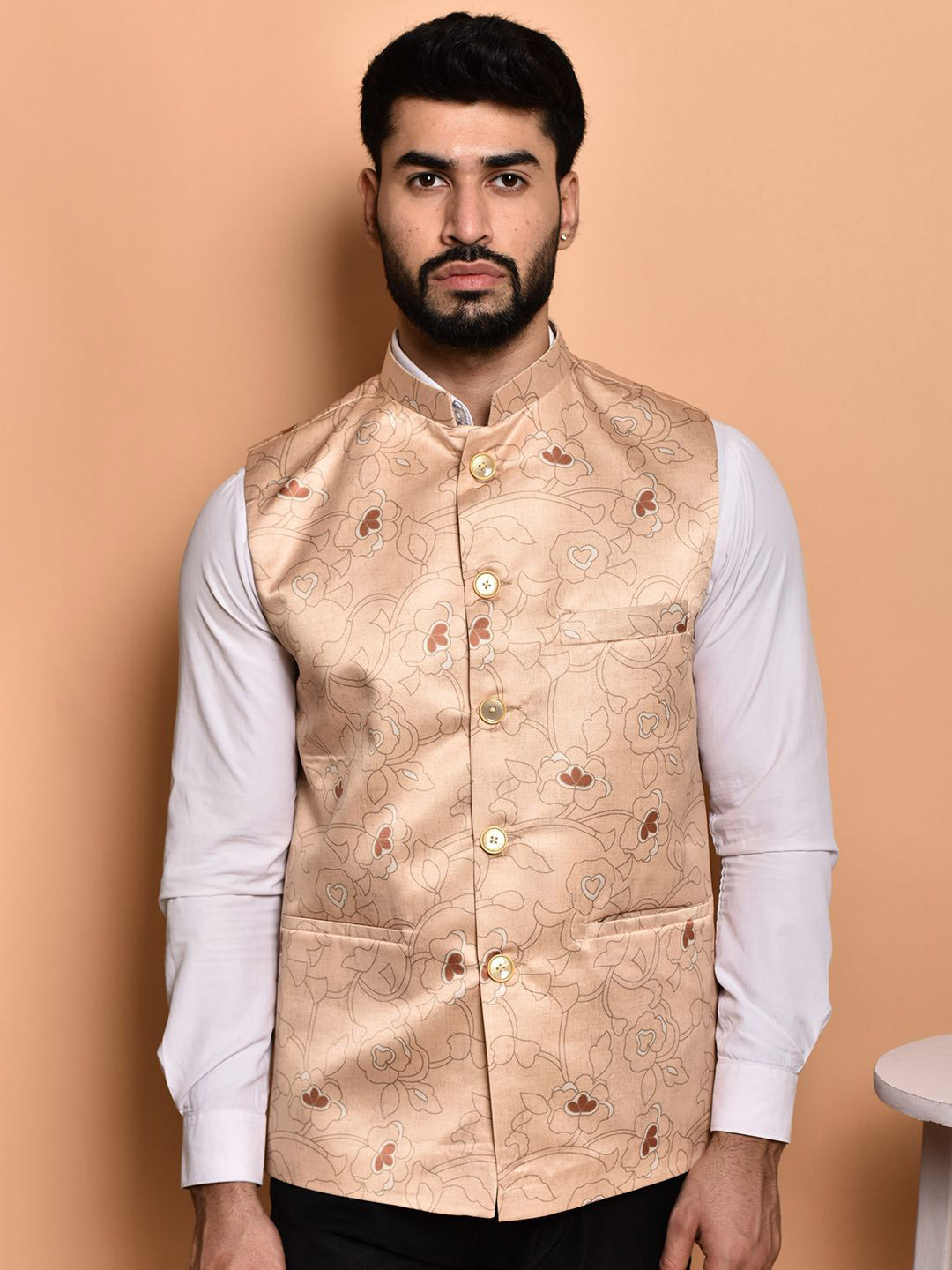

PRINTCULTR Printed Woven Nehru Jacket, Beige