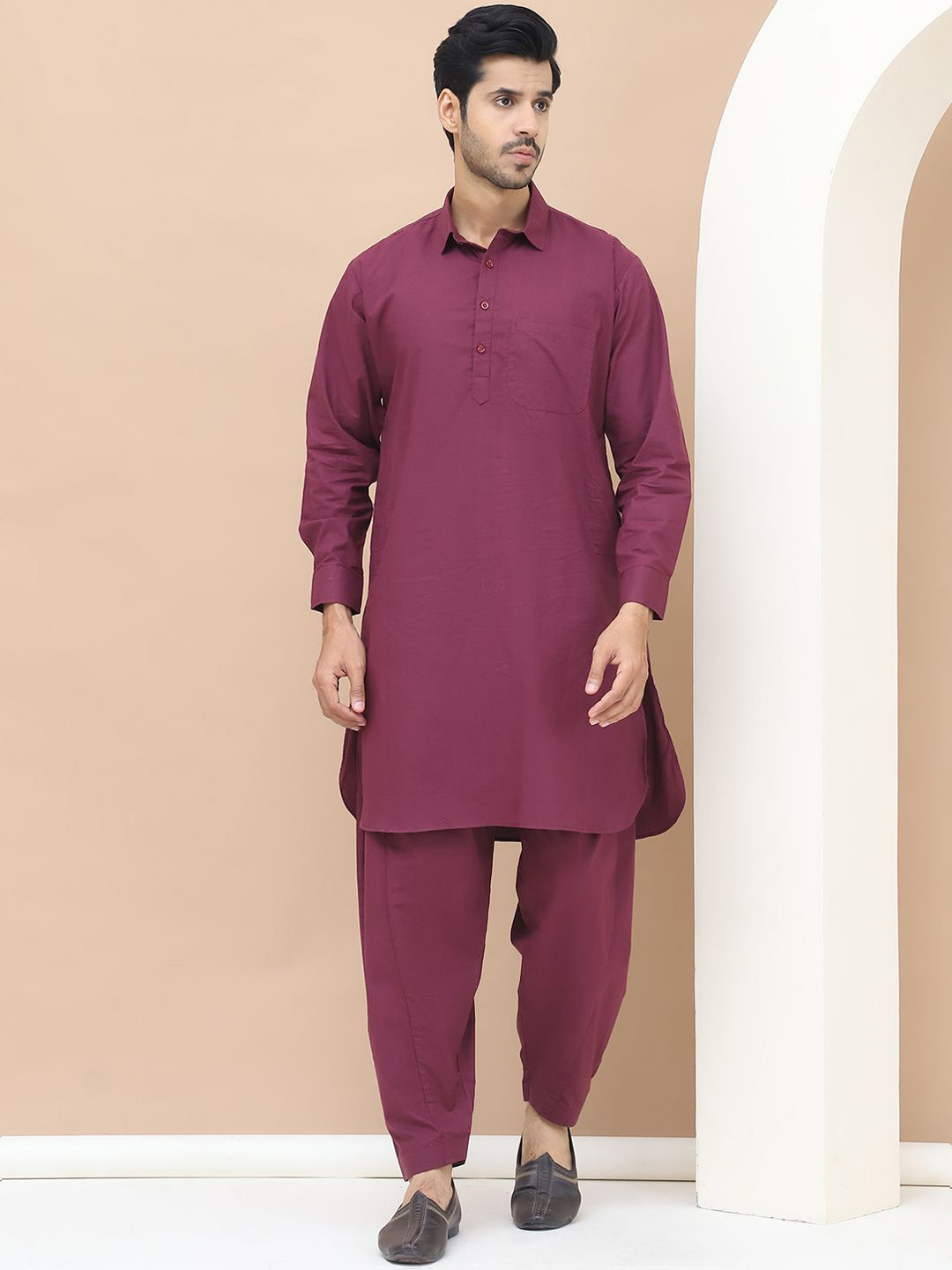 

TAG 7 Shirt Collar Cuffed Sleeves Pure Cotton Pathani Kurta With Salwar, Purple