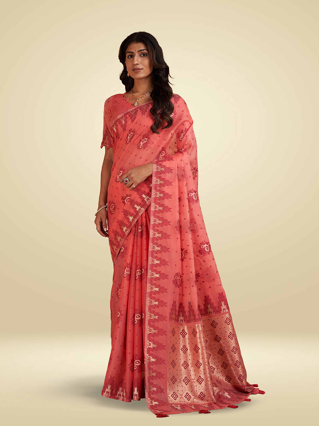 

SARHA Ethnic Motifs Zari Pure Cotton Saree, Pink