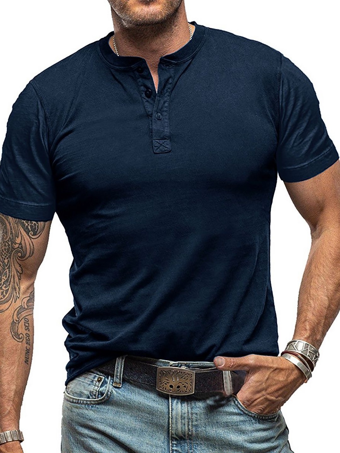 

StyleCast x Revolte Men Solid Henley Neck Cotton T-shirt, Navy blue