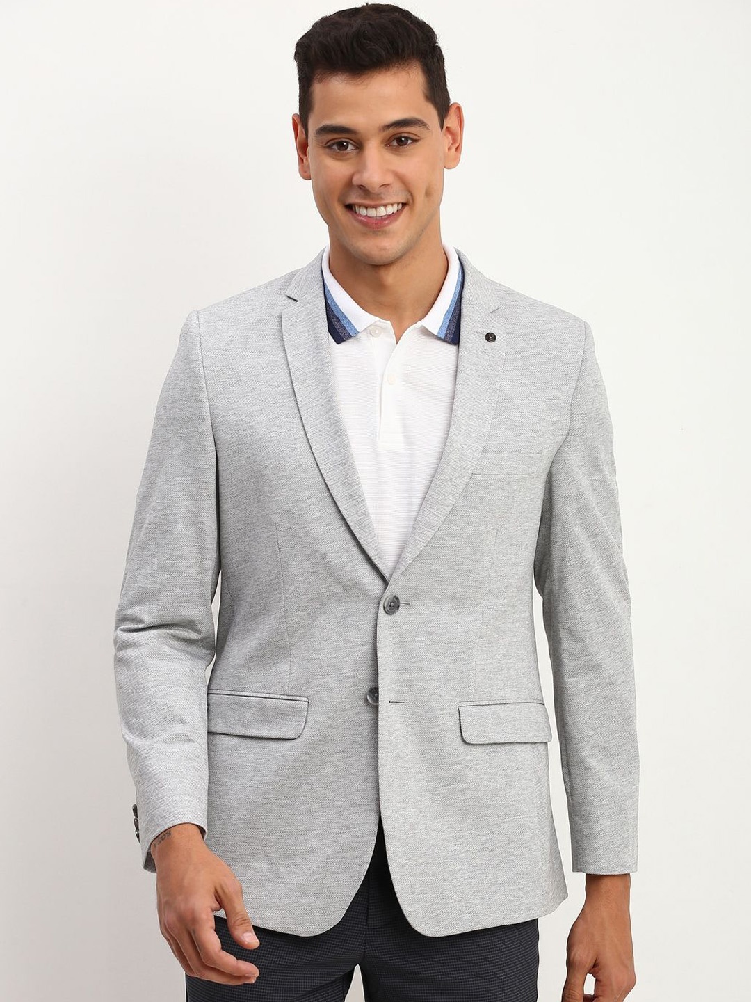 

Allen Solly Textured Pure Cotton Slim-Fit Single-Breasted Formal Blazer, Grey