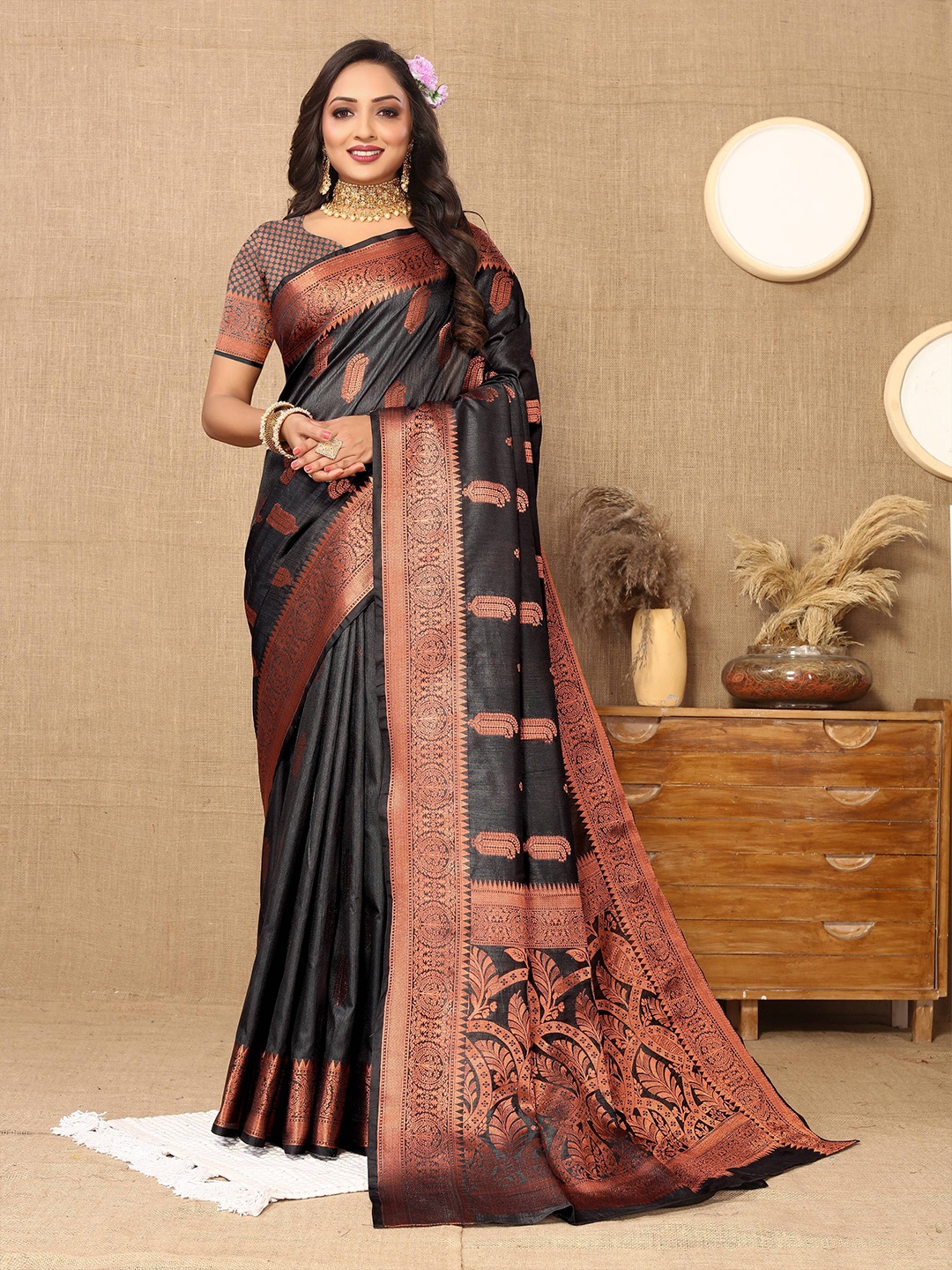 

Zeekha Woven Design Zari Pure Silk Kanjeevaram Saree, Black