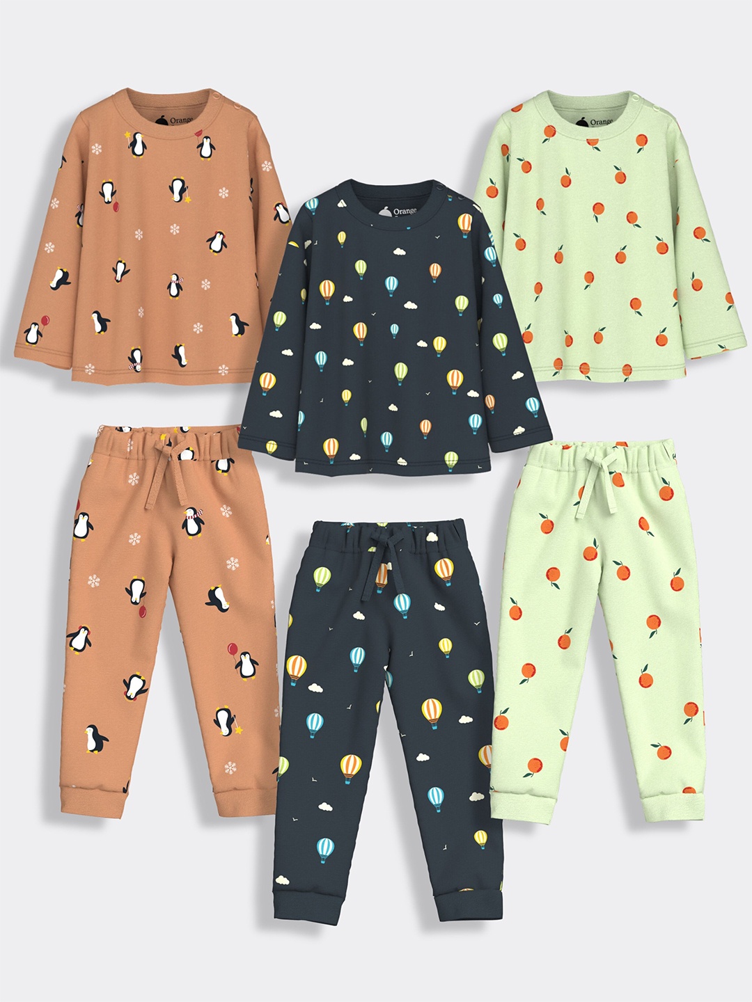 

Orange Sugar Unisex Kids Pack of 3 Printed Pure Cotton T-shirt with Pyjamas, Green