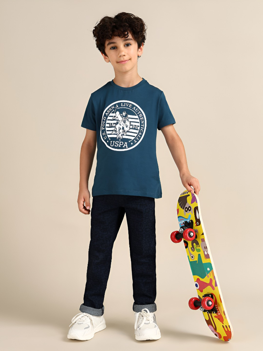 

U.S. Polo Assn. Kids Boys Brand Logo Printed Round Neck Cotton T-shirt, Blue