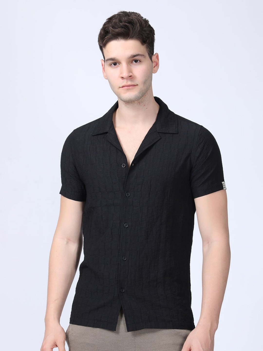 

POE Men Smart Slim Fit Opaque Casual Shirt, Black