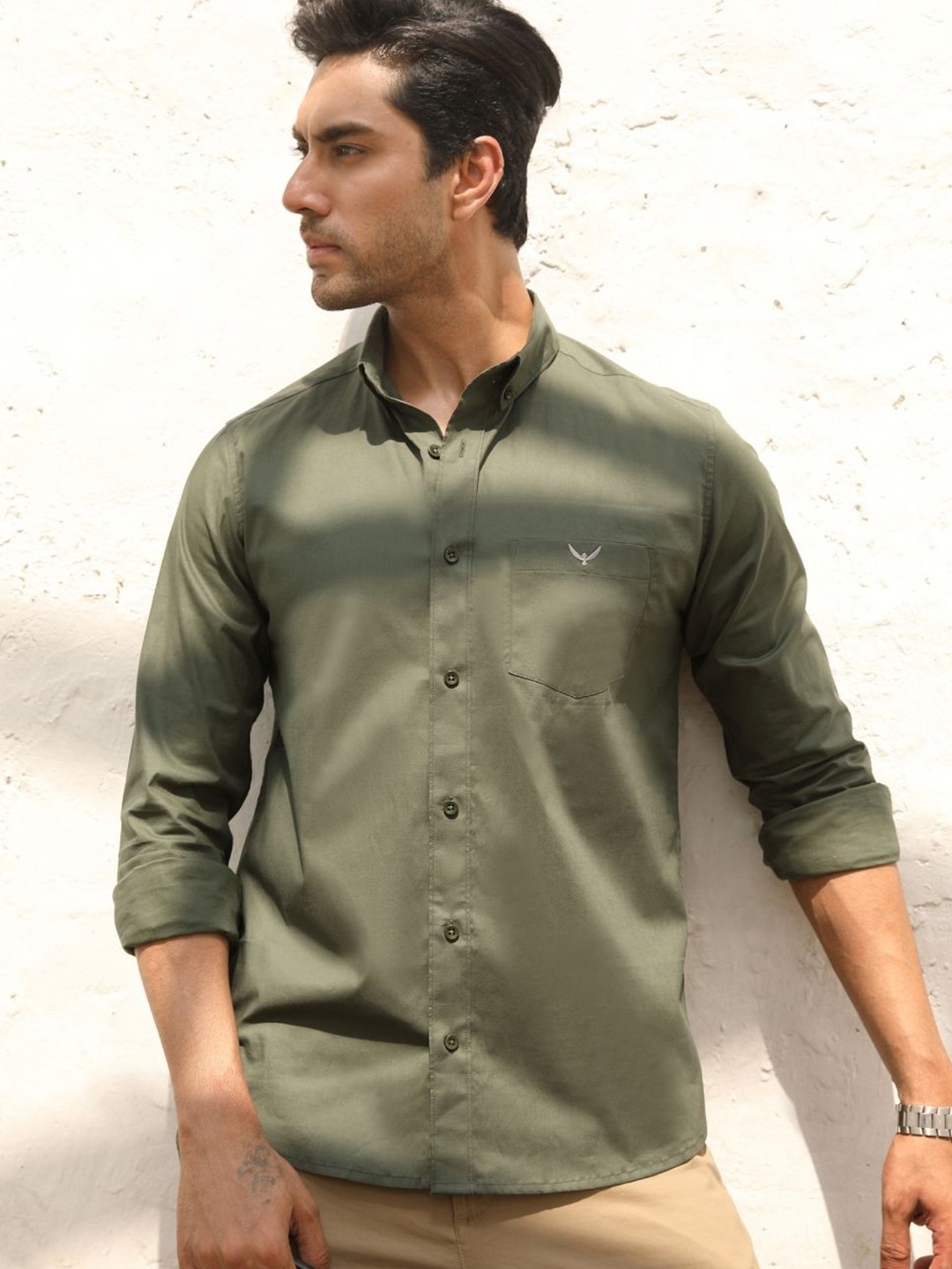 

PERCH Men India Slim Button-Down Collar Solid Cotton Casual Shirt, Green
