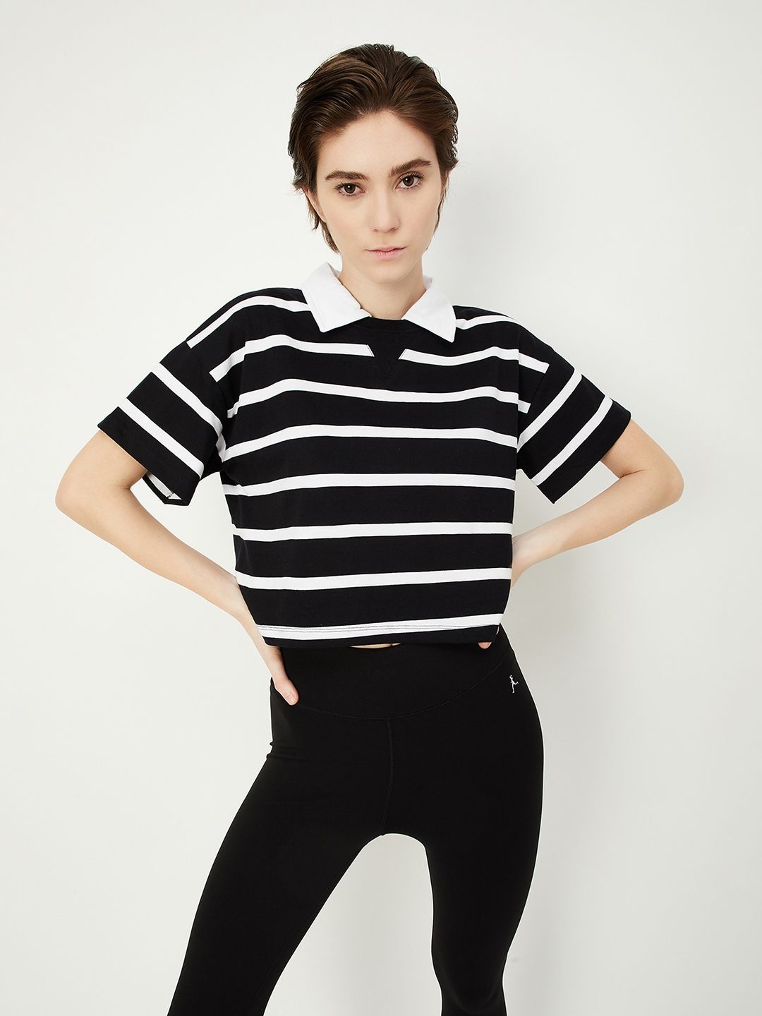 

max Women Striped Polo Collar Cotton T-shirt, Black
