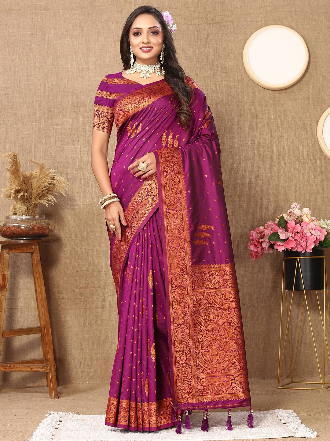 

Zeekha Woven Design Zari Pure Silk Kanjeevaram Saree, Purple