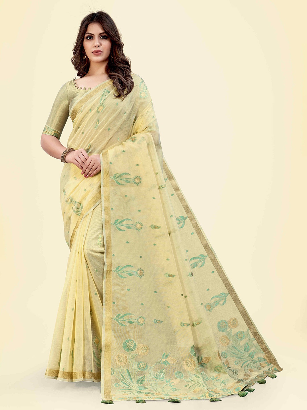 

SARHA Floral Printed Zari Pure Cotton Celebrity Saree, Yellow