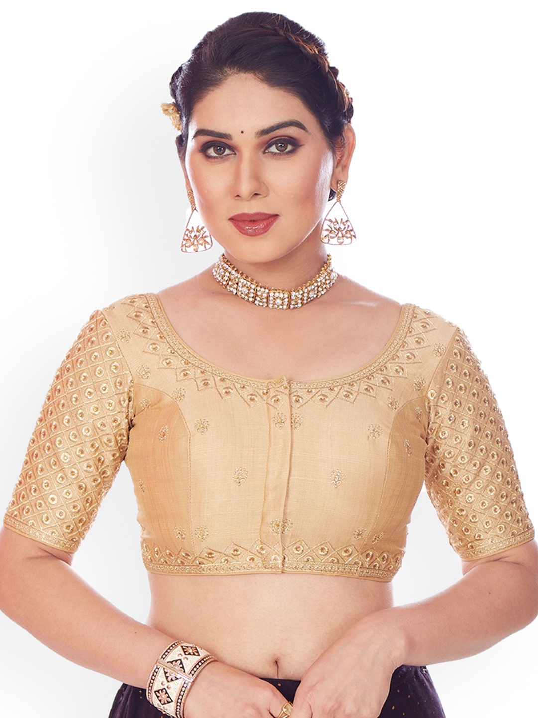 

Mmore Embroidered Round Neck Saree Blouse, Gold