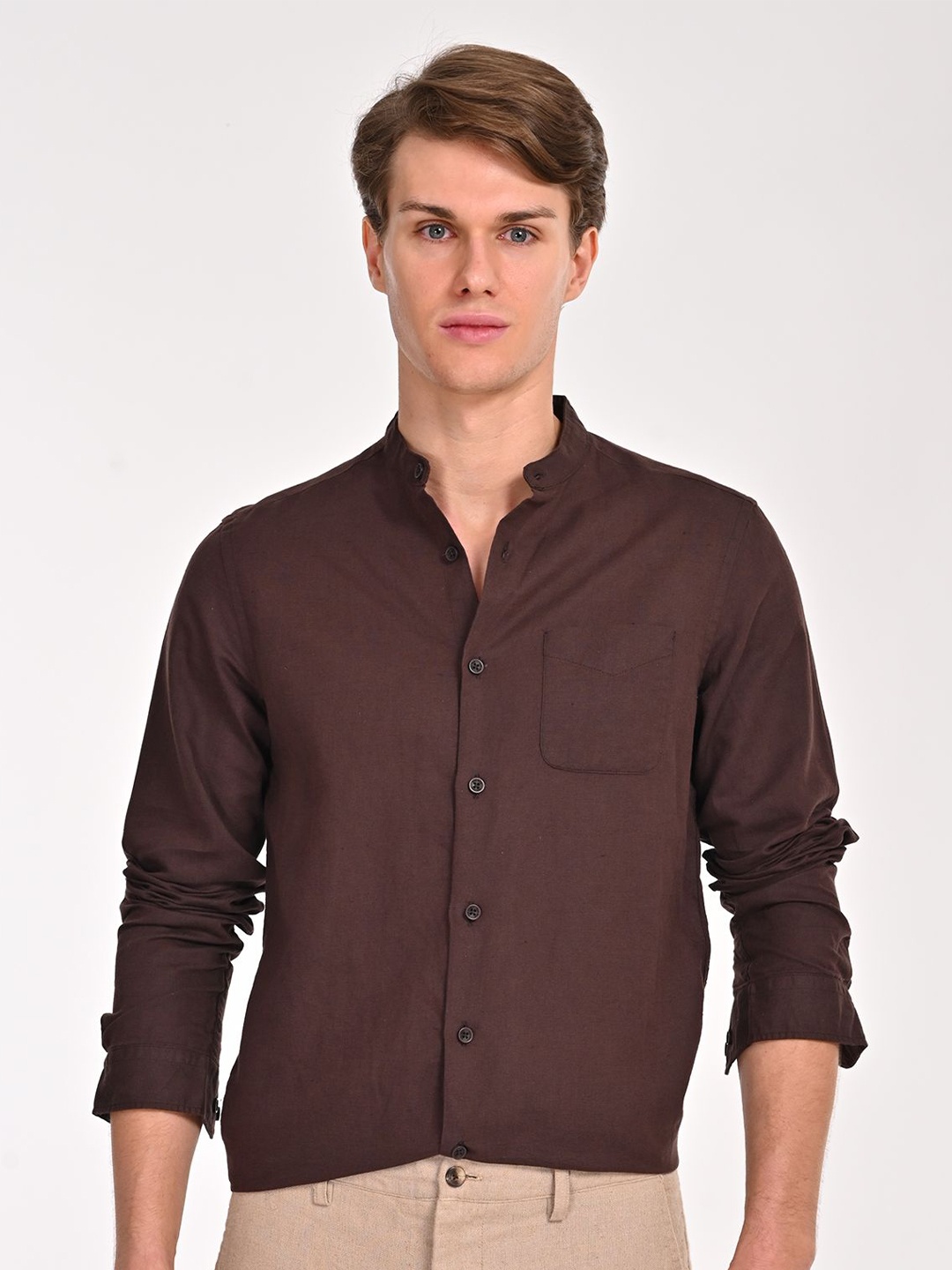 

POE Men Smart Slim Fit Opaque Casual Shirt, Brown