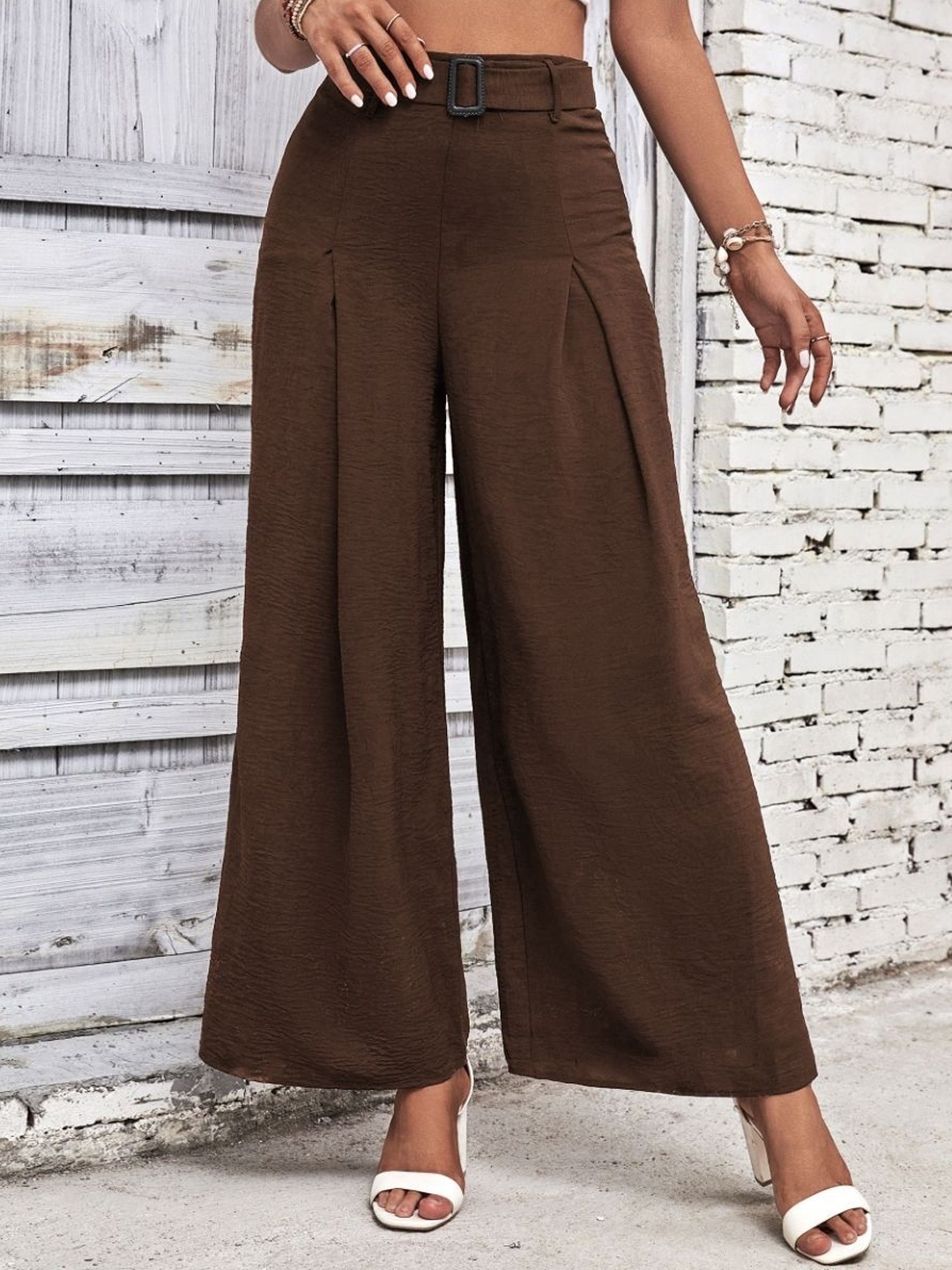 

KPOP Tailored Women Regular Fit Wide Leg Trousers, Brown