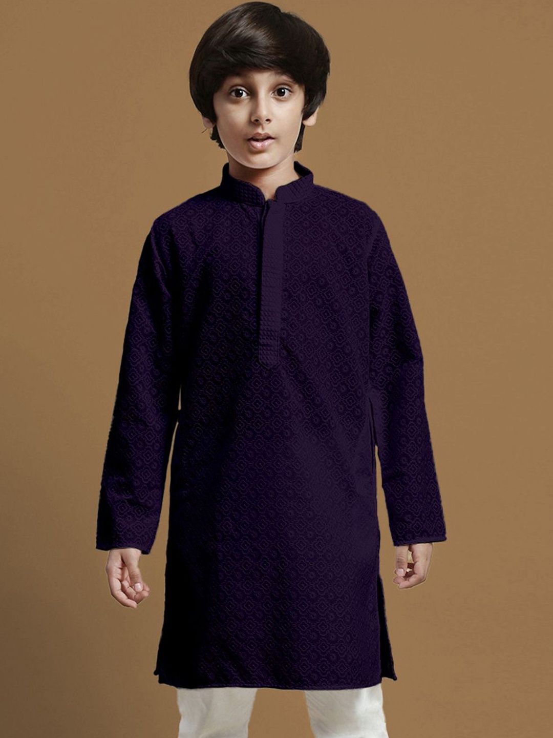 

Here&Now X Sanwara Boys Geometric Embroidered Chikankari Cotton Straight Kurta, Purple