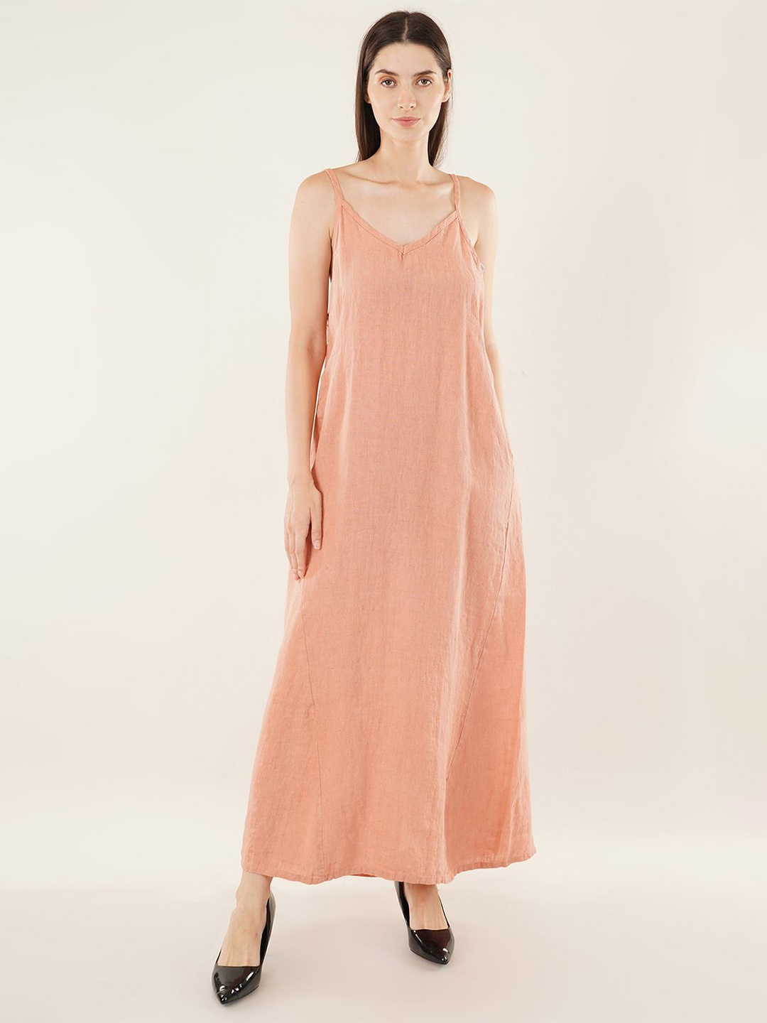 

Linen Options Women Solid Linen Shoulder Straps A-Line Midi Dress, Pink