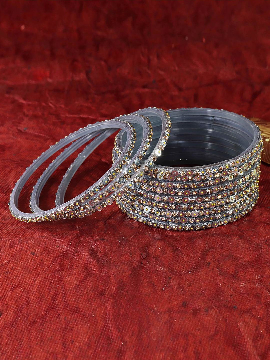 

ZULKA Set Of 12 Diamond Stone Studded & Sitara Beaded Glass Bangles, Gold