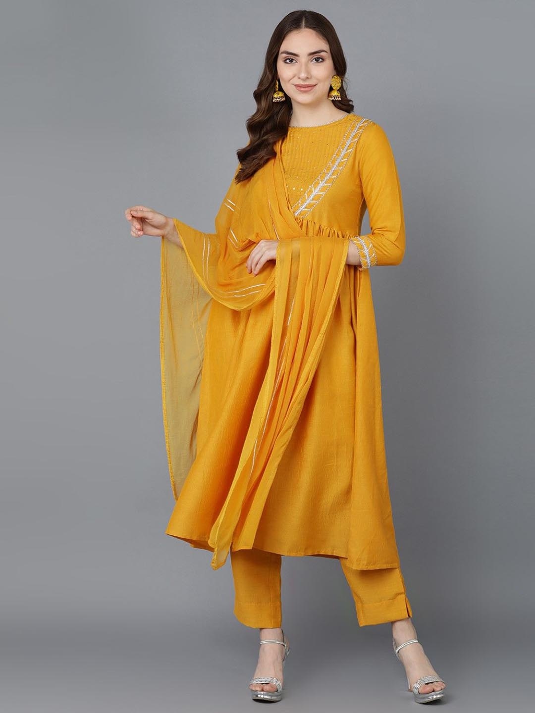 

KALINI Women Ethnic Motifs Embroidered Empire Sequinned Kurta with Trousers & With Dupatta, Mustard