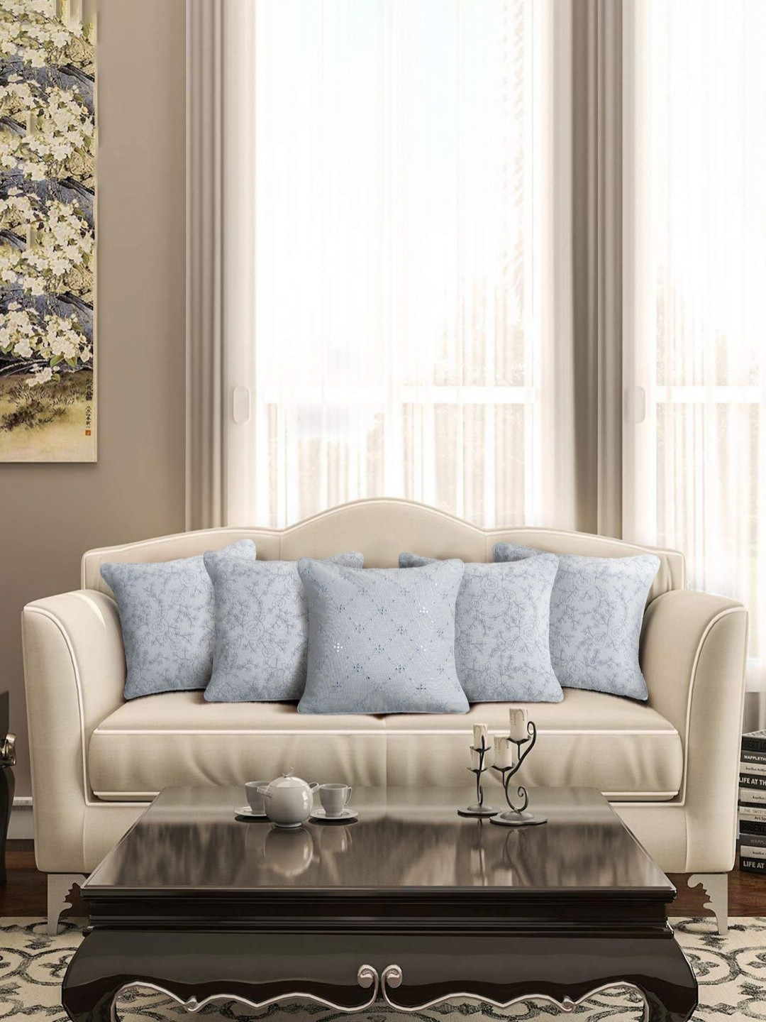 

eyda Turquoise Blue 5 Pieces Floral Embroidered Cushion Covers